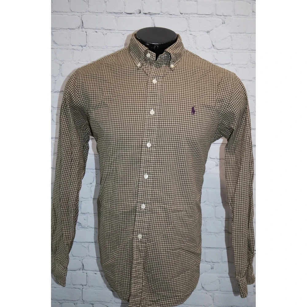 Polo Ralph Lauren Shirt Mens Large Brown Gingham Classic Fit Long Sleeve